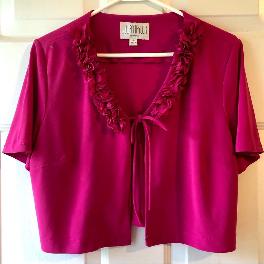 Julian Taylor Raspberry Pink Flower Petal Tie Front Shrug Short Jacket Size 10